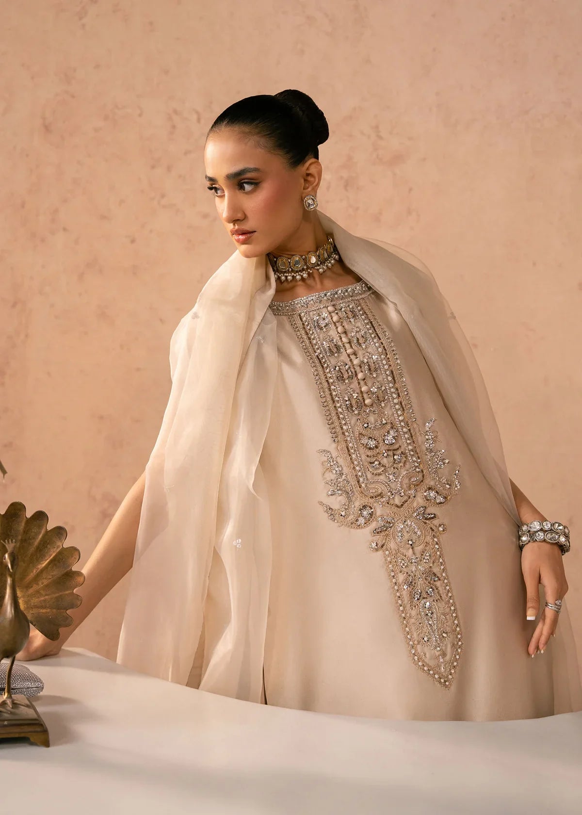 Anaya Champagne‑Beige Women’s Embroidered 3‑Piece Festive Ensemble – Elegant Ethnic Outfit by Laam Premium