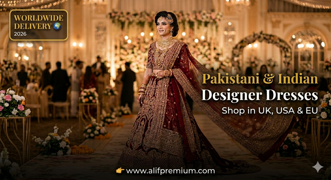 Buy Pakistani  Indian Designer Dresses Online in UK, USA & EU | Alif Premium
