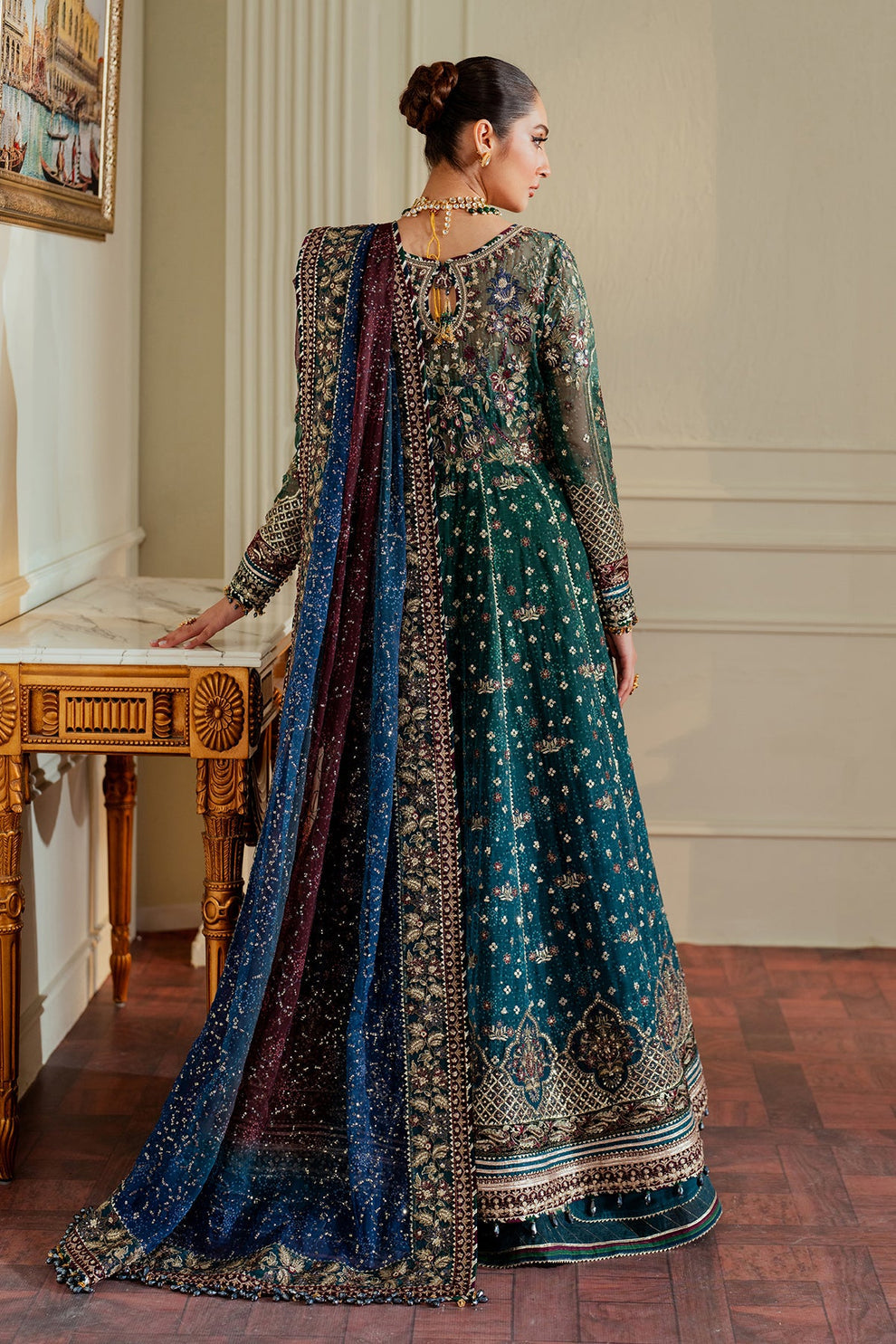 Baroque Chantelle embroidered chiffon three-piece ensemble featuring a digital chunri print with hand-embellished gotta, nakshi, and copper tilla at the neckline, adorned with sequins and embroidered borders, paired with a printed chiffon dupatta with organza and velvet embroidered border and dyed silk trousers, perfect for formal occasions and festive wear.