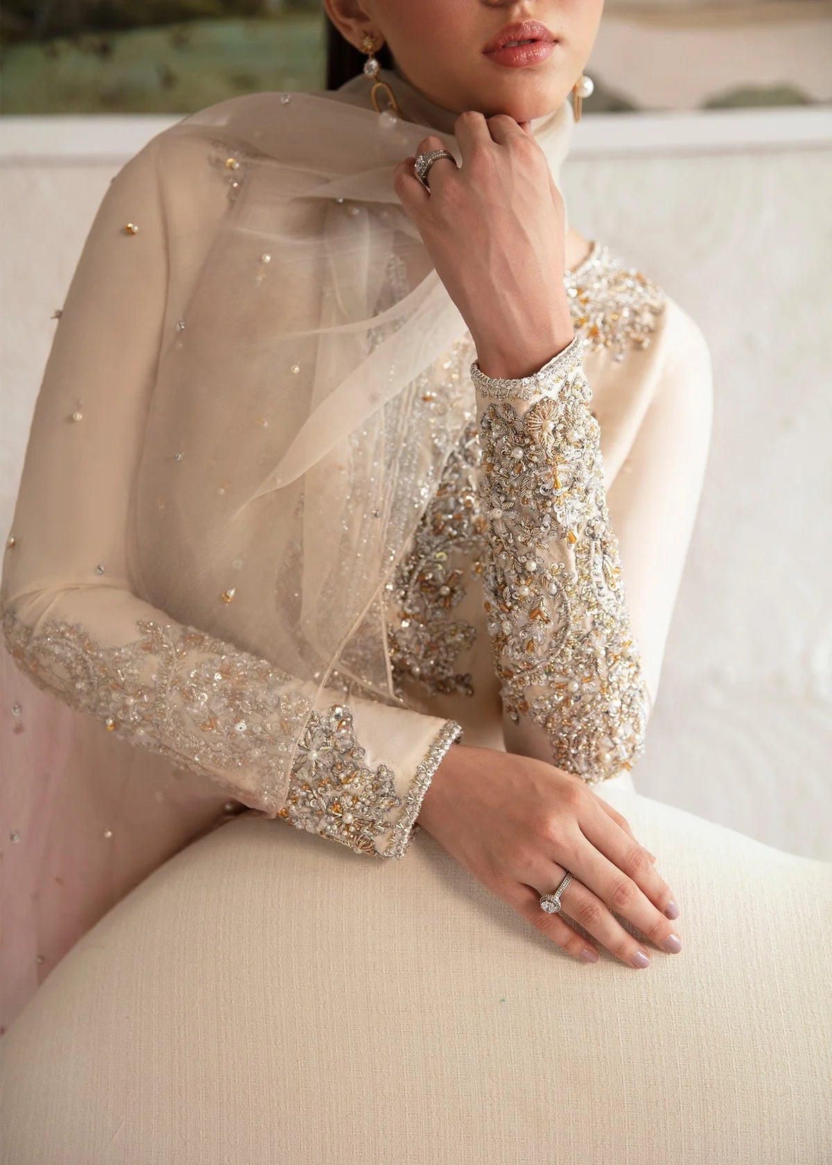 Maura ombre pink Pakistani designer formal ensemble featuring a pure raw silk shirt with intricate hand embellishments, paired with matching raw silk culottes and an organza dupatta with celestial accents, creating a glamorous and sophisticated look for formal events and weddings.