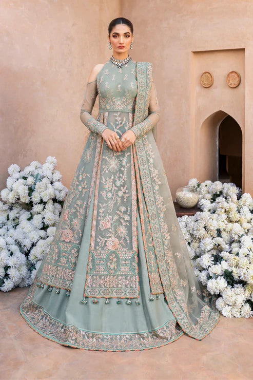 Gossamer Pakistani designer unstitched formal ensemble featuring intricate organza embroidery with components including embroidered blouse pieces, panels, borders, and dupatta, designed to be tailored into a lehnga or other silhouette, perfect for weddings and festive occasions.