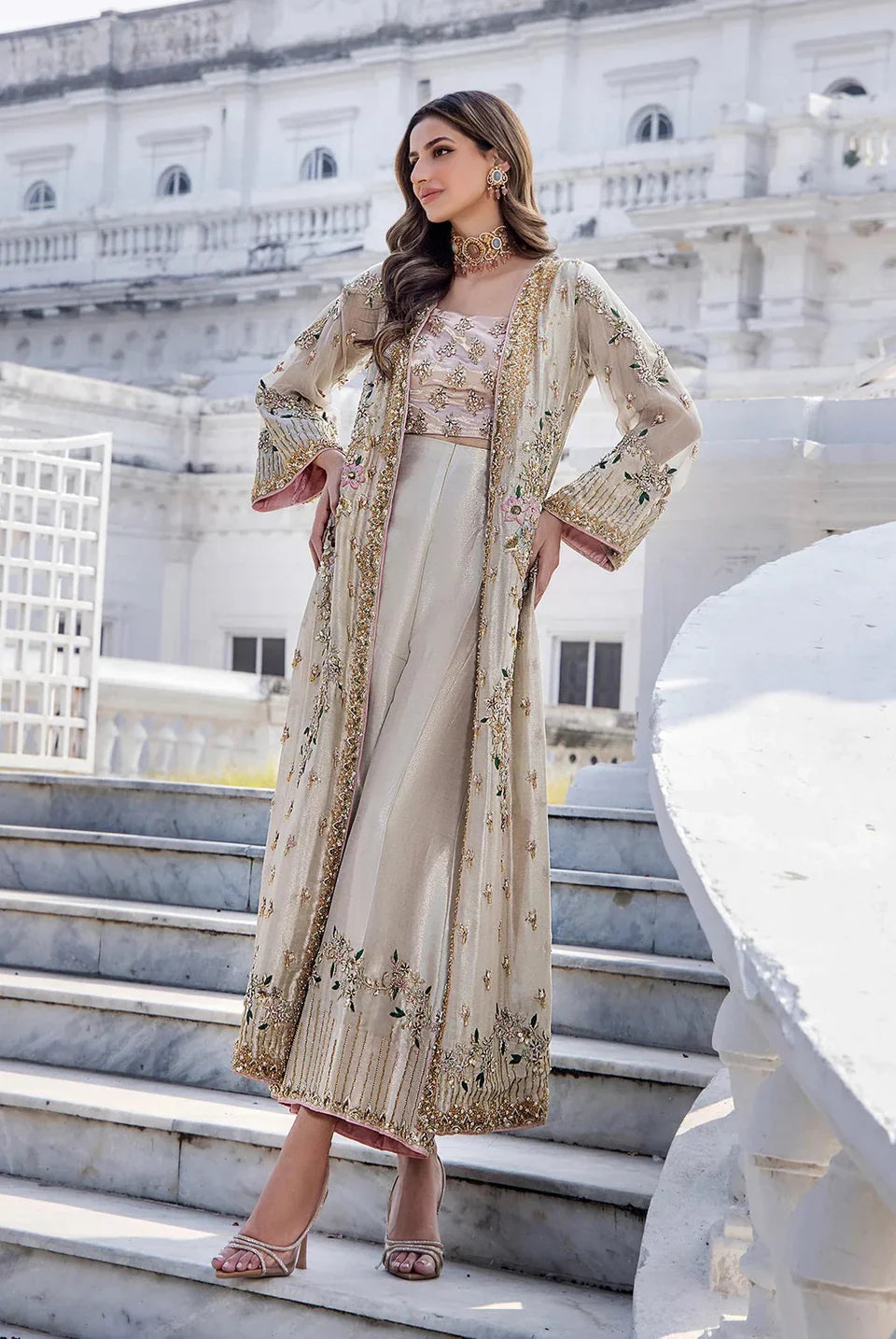Shazia Kiyani Shanoo unstitched three-piece ensemble in premium organza featuring intricate embroidery, offering timeless elegance and versatility for customization, perfect for weddings, celebrations, and formal gatherings.