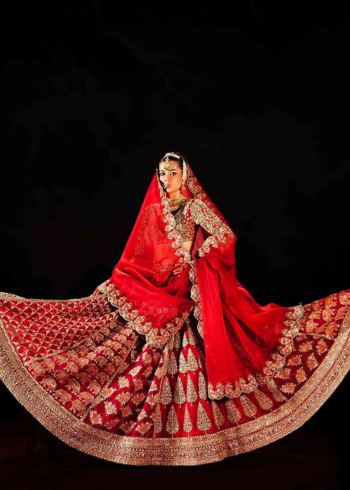 Hussain Rehar Raaqs red pure organza lehenga choli featuring intricate hand embellishments with rich dimensional finish, paired with a pure organza scallop cutwork dupatta that drapes gracefully with ethereal lightweight movement, perfect for bridal wear, weddings, receptions, and grand celebrations.