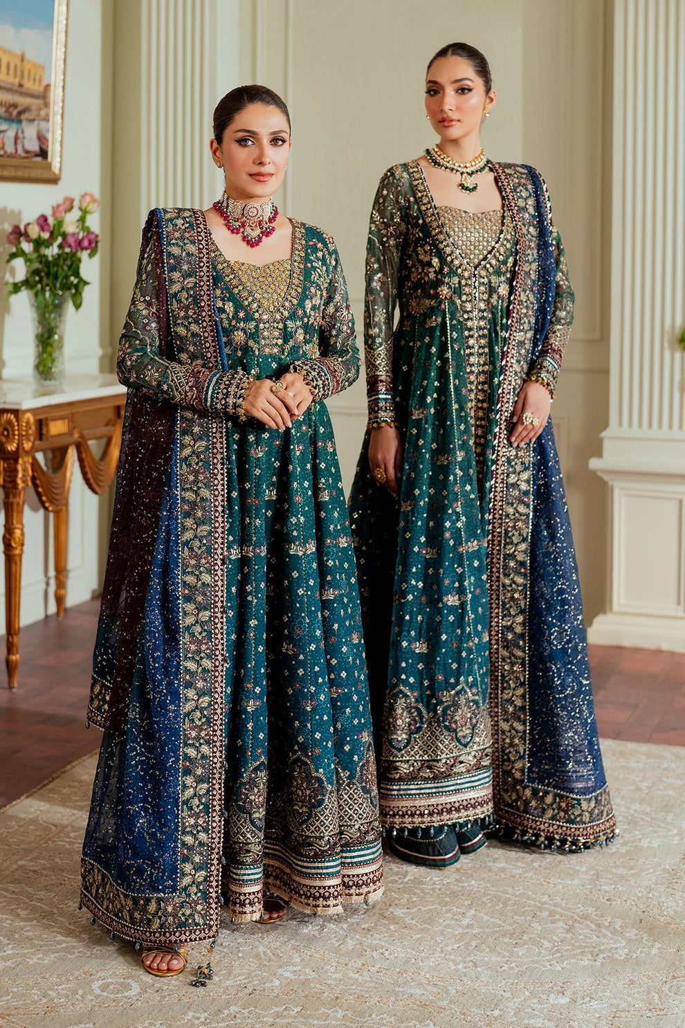 Baroque Chantelle embroidered chiffon three-piece ensemble featuring a digital chunri print with hand-embellished gotta, nakshi, and copper tilla at the neckline, adorned with sequins and embroidered borders, paired with a printed chiffon dupatta with organza and velvet embroidered border and dyed silk trousers, perfect for formal occasions and festive wear.