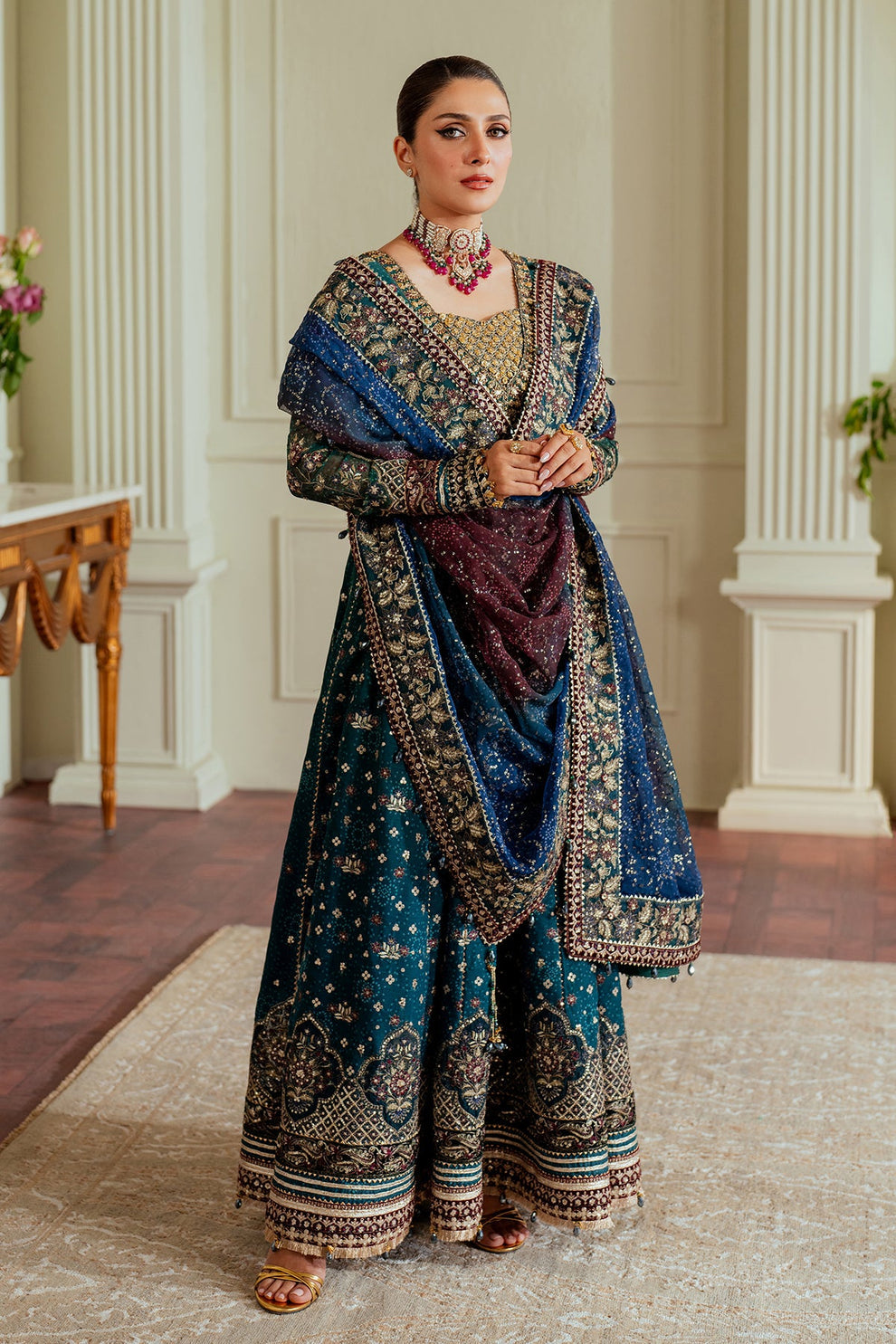 Baroque Chantelle embroidered chiffon three-piece ensemble featuring a digital chunri print with hand-embellished gotta, nakshi, and copper tilla at the neckline, adorned with sequins and embroidered borders, paired with a printed chiffon dupatta with organza and velvet embroidered border and dyed silk trousers, perfect for formal occasions and festive wear.