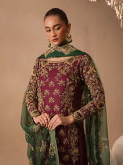 Abeera Usman Burgundy Dusk rich burgundy formal ensemble featuring meticulous detailing and delicate embellishments with a fluid silhouette that blends traditional craftsmanship with modern elegance, perfect for weddings, receptions, festive gatherings, and evening events.