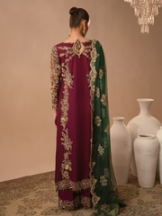 Abeera Usman Burgundy Dusk rich burgundy formal ensemble featuring meticulous detailing and delicate embellishments with a fluid silhouette that blends traditional craftsmanship with modern elegance, perfect for weddings, receptions, festive gatherings, and evening events.