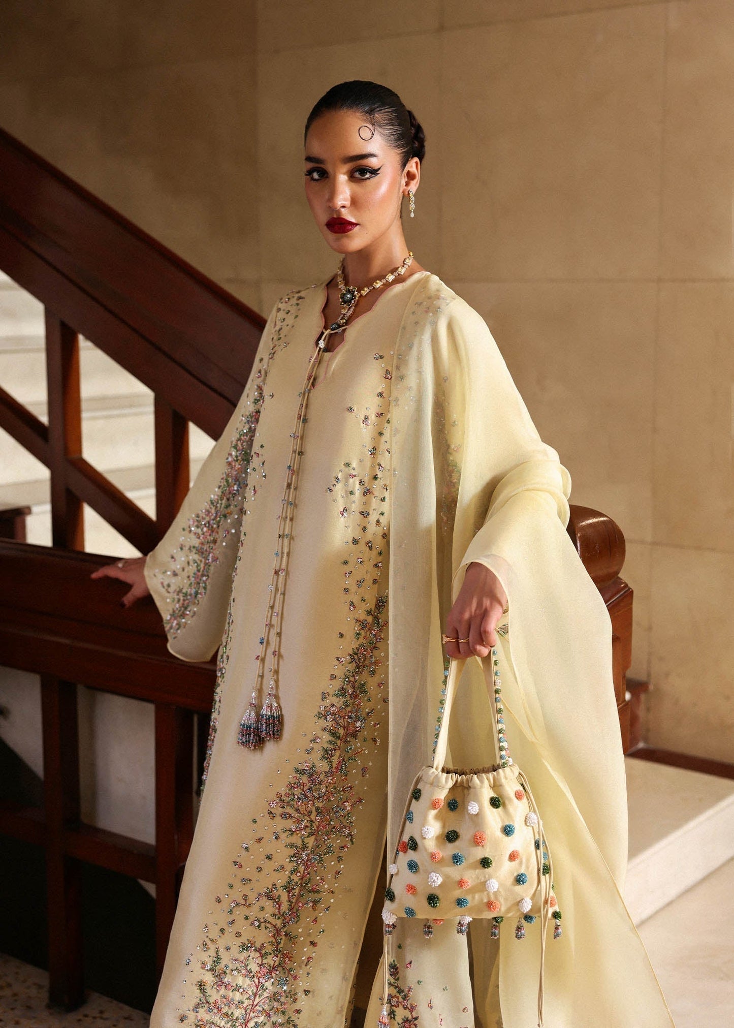 Hussain Rehar Ciel ensemble featuring a refined silhouette with subtle intricate embellishments and luxurious fabric in a graceful drape, paired with a delicately finished dupatta, perfect for formal occasions and elegant celebrations.