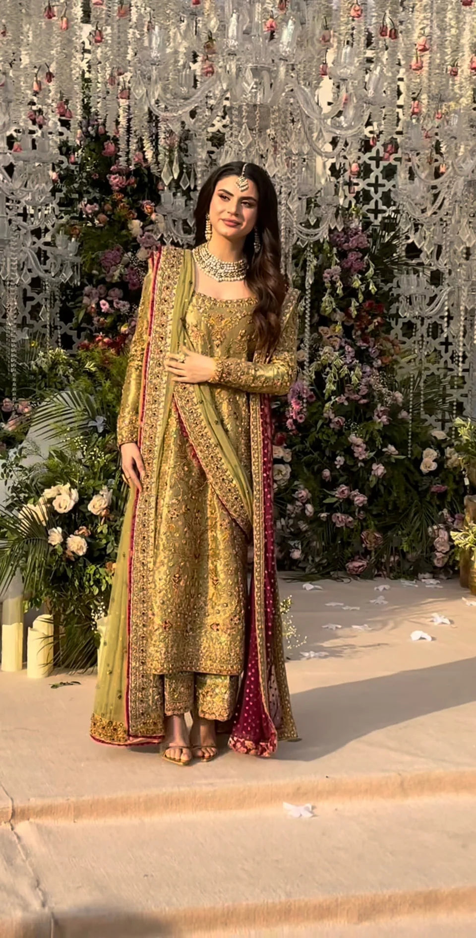 Haris Shakeel inspired pistachio green festive ensemble featuring a shirt with intricate embroidery and delicate embellishments creating a refined luminous texture, paired with a coordinated dupatta with rich contrasting borders and straight-cut trousers, perfect for wedding festivities, formal gatherings, and celebratory occasions.