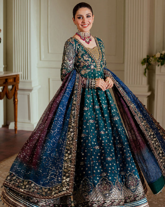 Baroque Chantelle embroidered chiffon three-piece ensemble featuring a digital chunri print with hand-embellished gotta, nakshi, and copper tilla at the neckline, adorned with sequins and embroidered borders, paired with a printed chiffon dupatta with organza and velvet embroidered border and dyed silk trousers, perfect for formal occasions and festive wear.