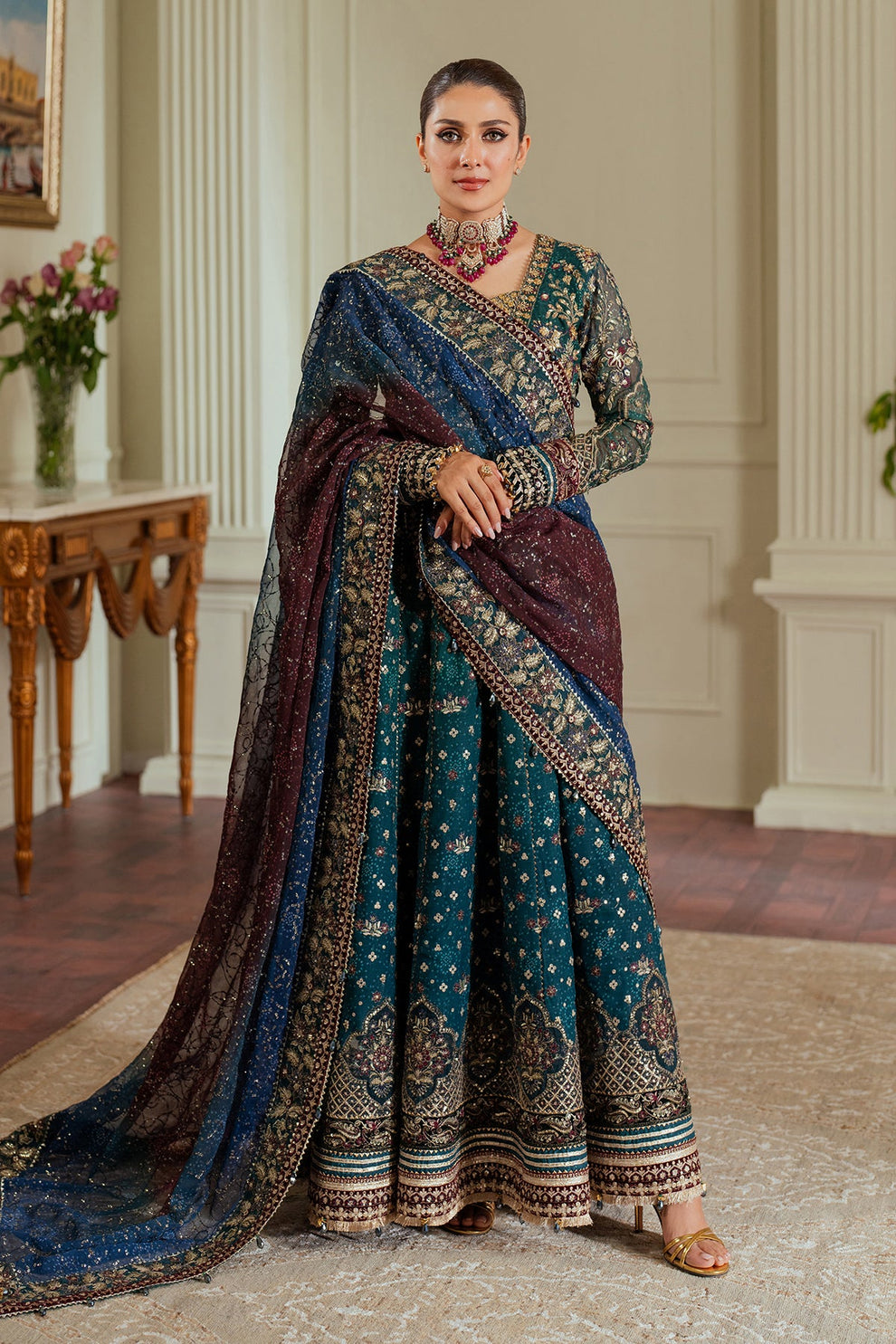 Baroque Chantelle embroidered chiffon three-piece ensemble featuring a digital chunri print with hand-embellished gotta, nakshi, and copper tilla at the neckline, adorned with sequins and embroidered borders, paired with a printed chiffon dupatta with organza and velvet embroidered border and dyed silk trousers, perfect for formal occasions and festive wear.