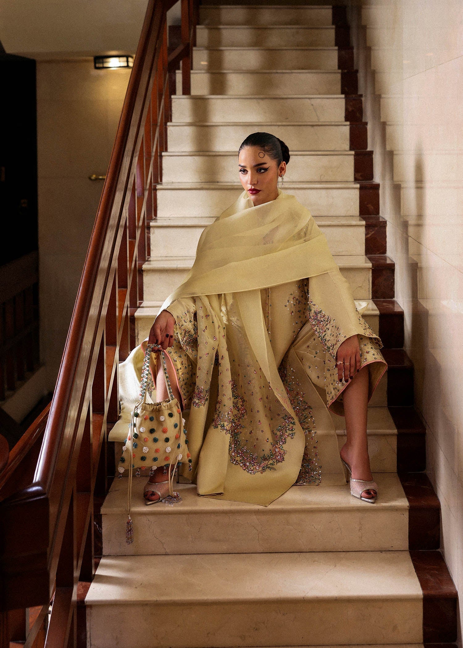 Hussain Rehar Ciel ensemble featuring a refined silhouette with subtle intricate embellishments and luxurious fabric in a graceful drape, paired with a delicately finished dupatta, perfect for formal occasions and elegant celebrations.