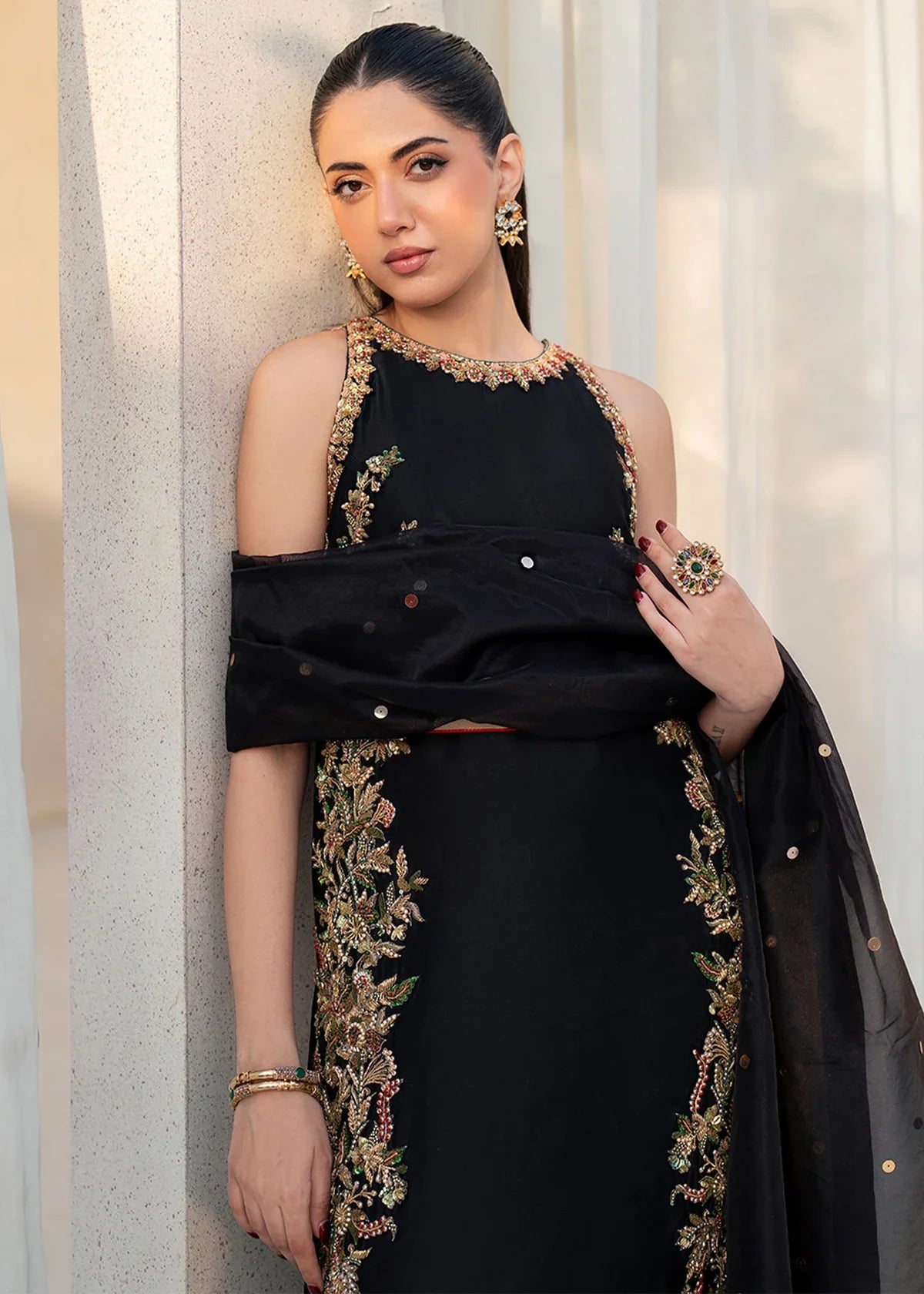 Liyana Black Women’s Embroidered Tissue Silk Sharara 3‑Piece Festive Ensemble – Elegant Ethnic Outfit by Laam Premium