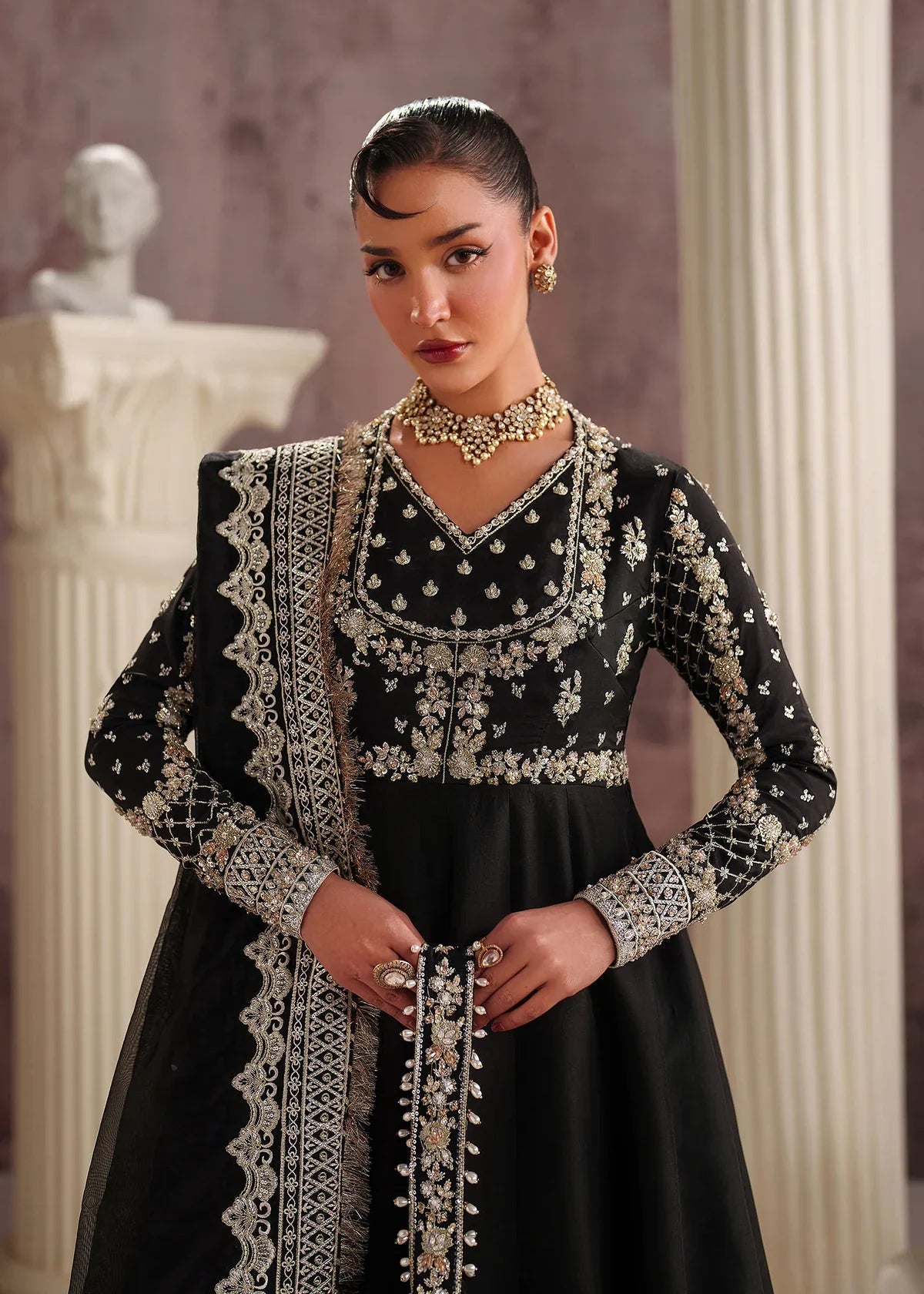 Novara Black Embroidered Tissue Silk Pishwas & PK Silk Lehenga 3 Piece Suit with Organza Dupatta – Laam Premium