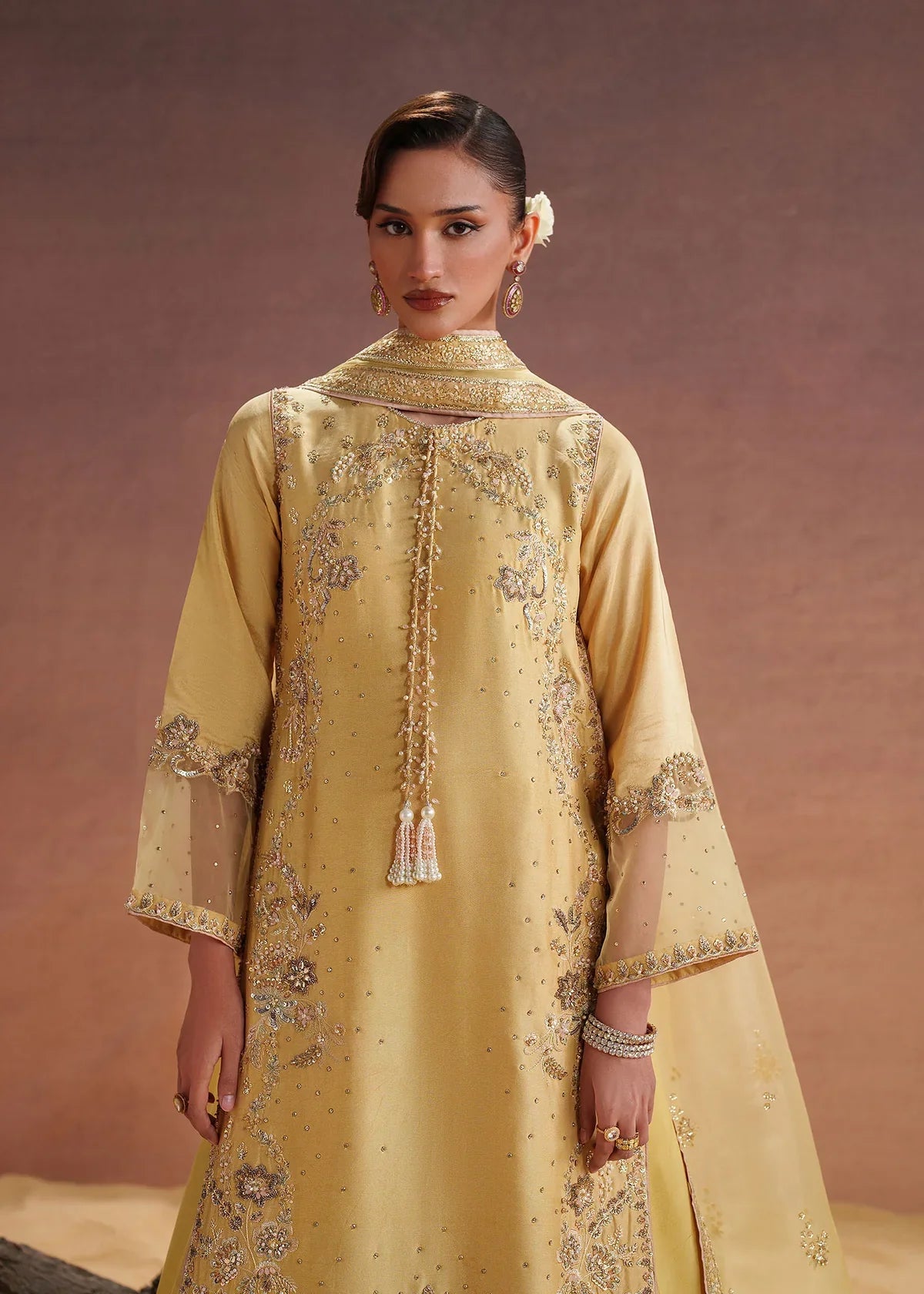 Amelie Yellow Organza Women’s 3 Piece Festive Suit – Embroidered Party Wear Outfit by Laam Premium