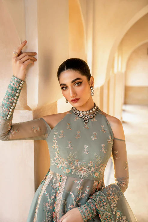 Gossamer Pakistani designer unstitched formal ensemble featuring intricate organza embroidery with components including embroidered blouse pieces, panels, borders, and dupatta, designed to be tailored into a lehnga or other silhouette, perfect for weddings and festive occasions.