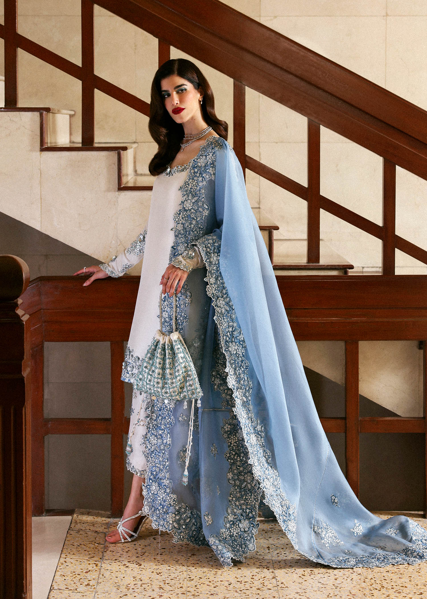 Hussain Rehar Virelle ensemble crafted in sumptuous fabric with delicate embellishments and refined craftsmanship, featuring a fluid silhouette that balances elegance and modern charm, paired with a beautifully detailed dupatta, perfect for special occasions and formal events.