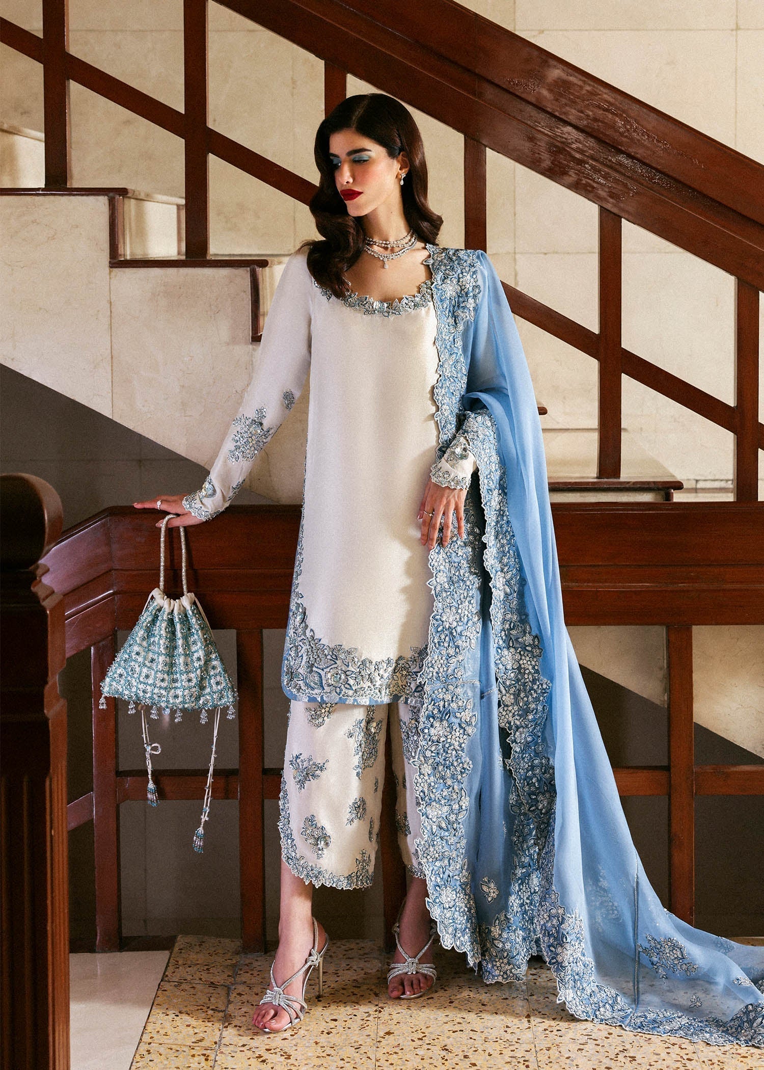 Hussain Rehar Virelle ensemble crafted in sumptuous fabric with delicate embellishments and refined craftsmanship, featuring a fluid silhouette that balances elegance and modern charm, paired with a beautifully detailed dupatta, perfect for special occasions and formal events.