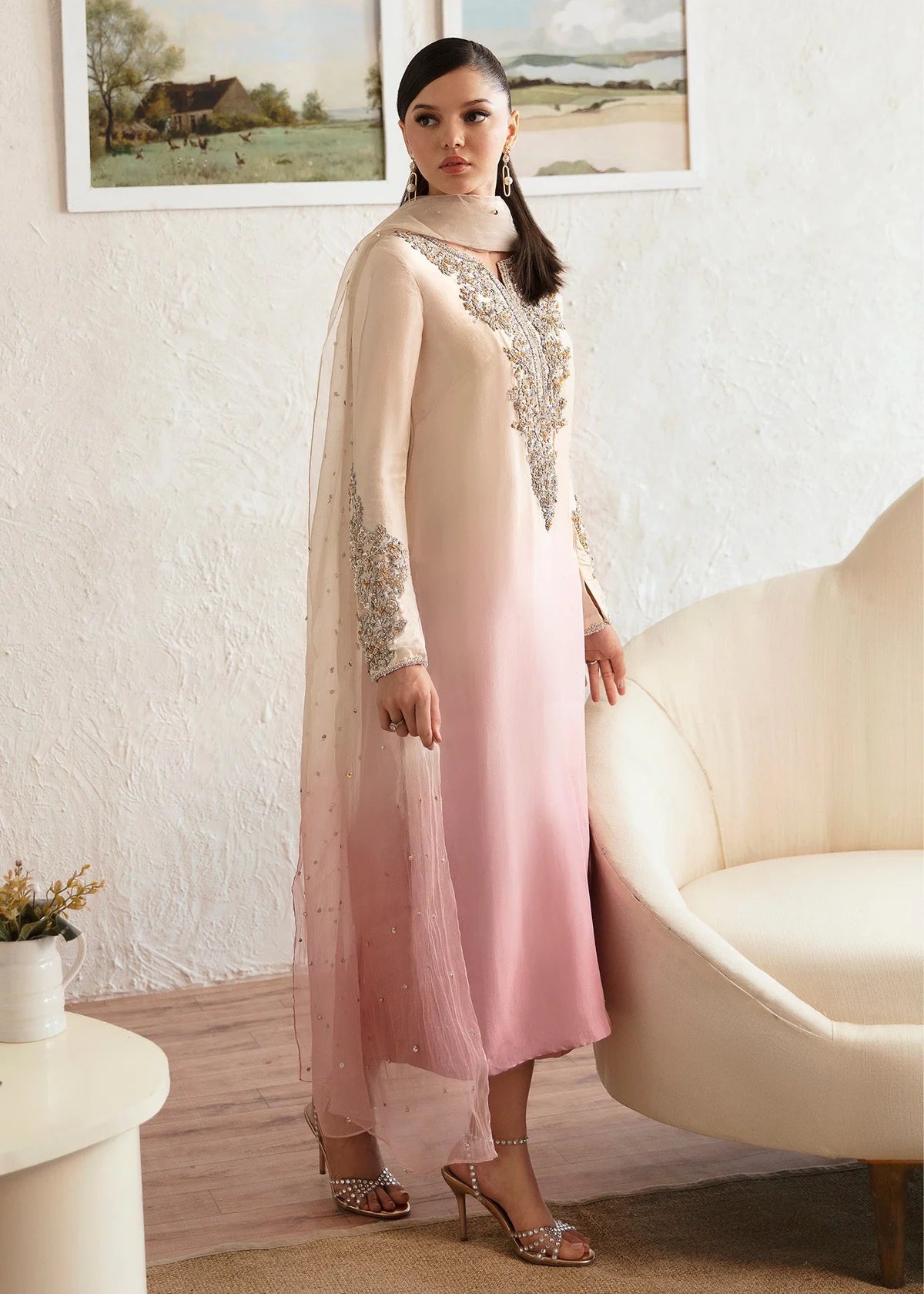  Maura ombre pink Pakistani designer formal ensemble featuring a pure raw silk shirt with intricate hand embellishments, paired with matching raw silk culottes and an organza dupatta with celestial accents, creating a glamorous and sophisticated look for formal events and weddings.