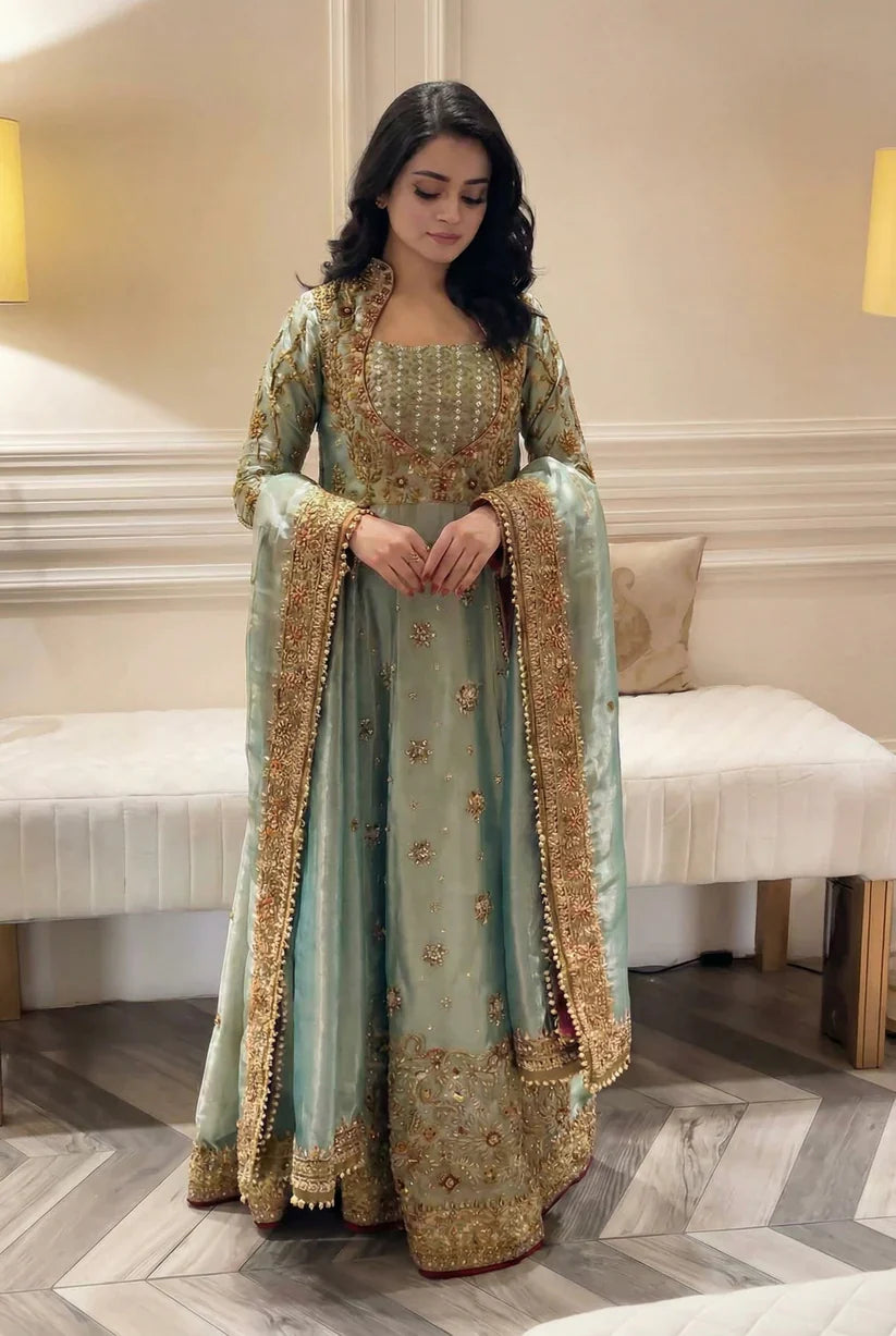 Haris Shakeel Urooj unstitched 3-piece bridal ensemble from the Wedding Luxury Myssory collection featuring exquisite hand embellishments and intricate embroidery with rich textures and sophisticated patterns that blend traditional bridal aesthetics with contemporary flair, crafted in premium quality fabric for customizable tailoring to create a regal wedding look.