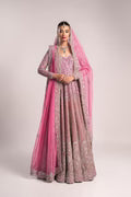  Fahad Hussayn Bagaai pink net bridal lehenga choli featuring intricate resham embroidery, fine sequin detailing, elaborate zardozi work, and hand-placed crystals on a delicate net fabric base, with a flowing embroidered lehenga, coordinated choli, and matching dupatta, perfect for wedding ceremonies, receptions, and grand bridal events.