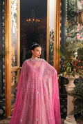  Fahad Hussayn Bagaai pink net bridal lehenga choli featuring intricate resham embroidery, fine sequin detailing, elaborate zardozi work, and hand-placed crystals on a delicate net fabric base, with a flowing embroidered lehenga, coordinated choli, and matching dupatta, perfect for wedding ceremonies, receptions, and grand bridal events.
