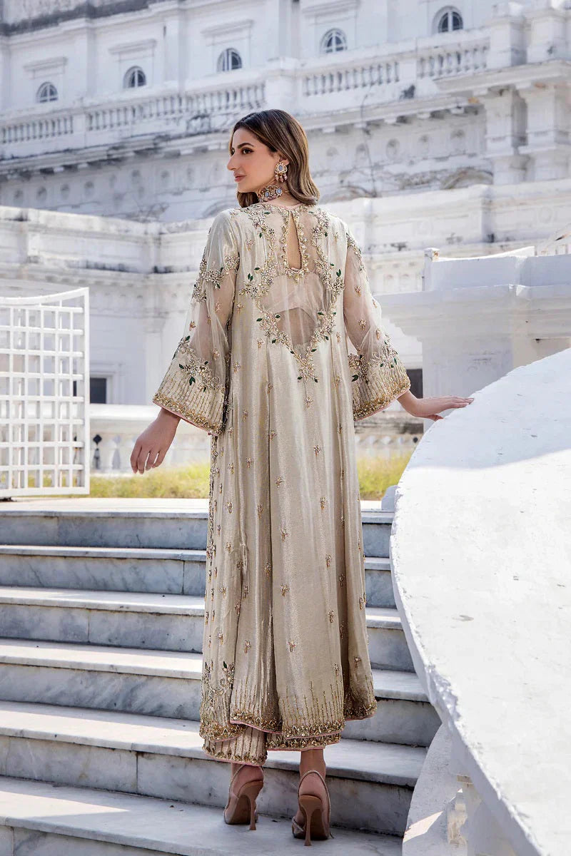 Shazia Kiyani Shanoo unstitched three-piece ensemble in premium organza featuring intricate embroidery, offering timeless elegance and versatility for customization, perfect for weddings, celebrations, and formal gatherings.